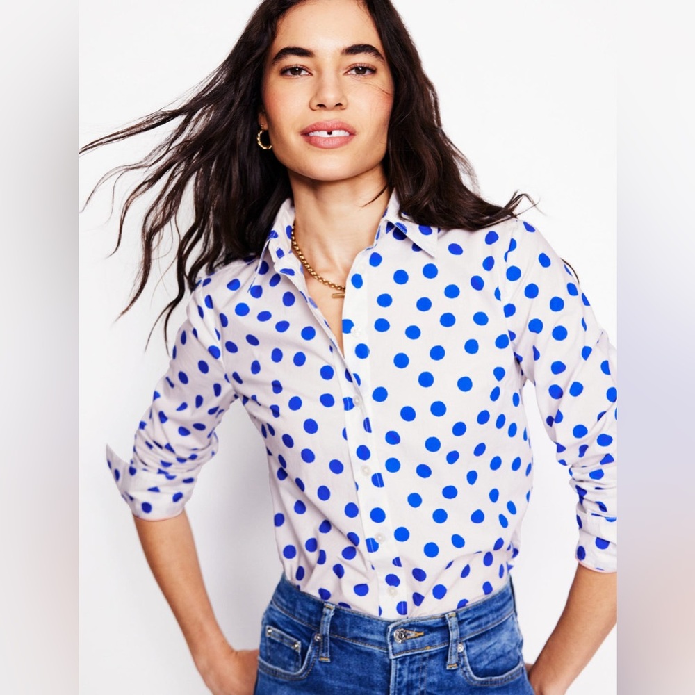 Boden Sienna White Blue Polka Dot Cotton Button Down Shirt Size 2R